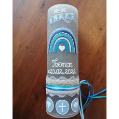 Rustika Vintage-Look Shabby Rustikal Taufkerze Regenbogen Kreuz Herz Ichthys blau Jungen keine Folie Wachsbeschriftung