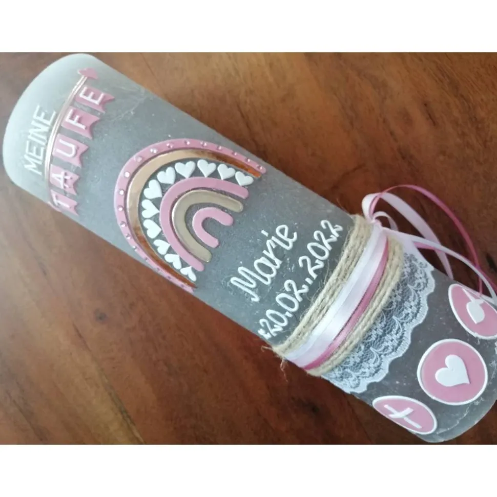 Rustika Vintage-Look Shabby Rustikal Taufkerze Regenbogen Kreuz Herz Ichthys rosa Mädchen keine Folie Wachsbeschriftung