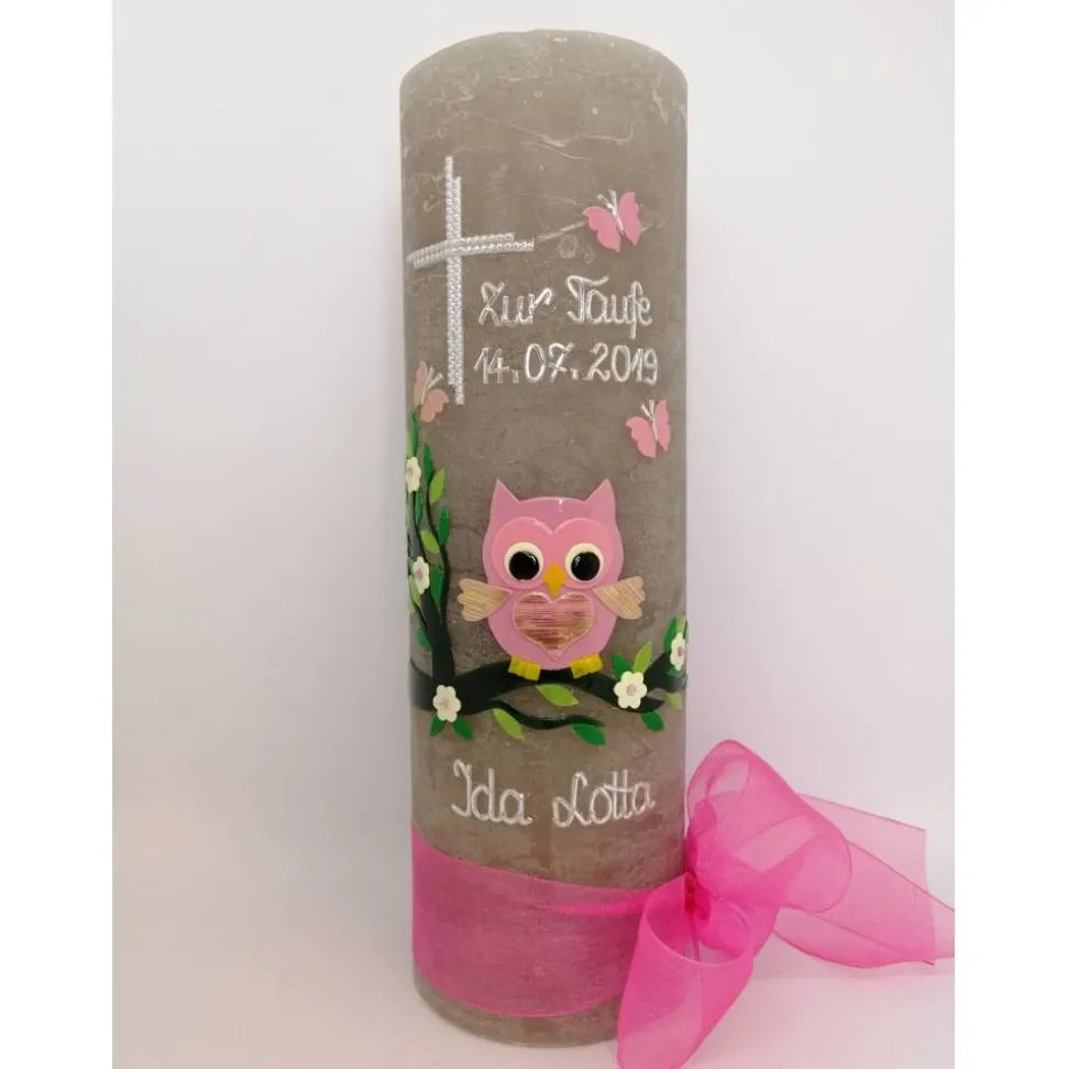 Rustika Vintage-Look Shabby Rustikal Taufkerze Eule Kreuz Schmetterling Mädchen Junge keine Folie Wachsbeschriftung