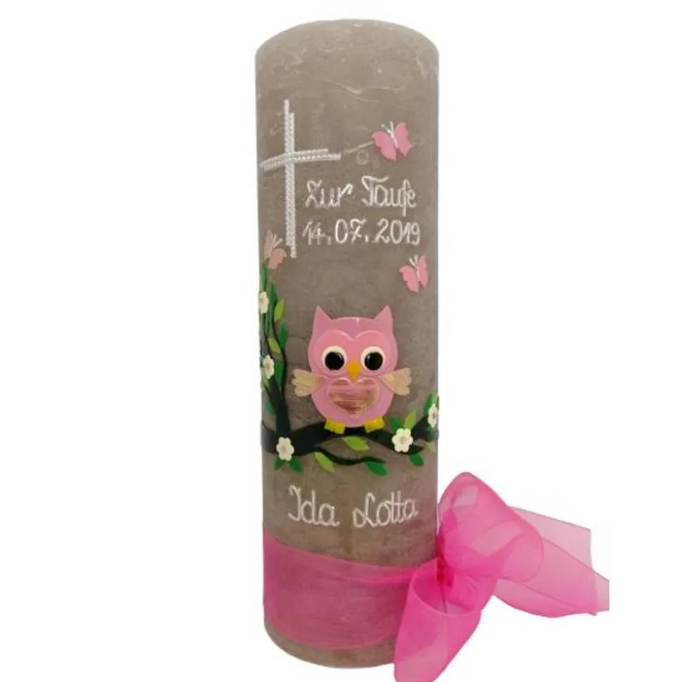 Rustika Vintage-Look Shabby Rustikal Taufkerze Eule Kreuz Schmetterling Mädchen Junge keine Folie Wachsbeschriftung