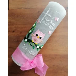 Rustika Vintage-Look Shabby Rustikal Taufkerze Eule Kreuz Schmetterling Mädchen Junge keine Folie Wachsbeschriftung