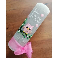 Rustika Vintage-Look Shabby Rustikal Taufkerze Eule Kreuz Schmetterling Mädchen Junge keine Folie Wachsbeschriftung