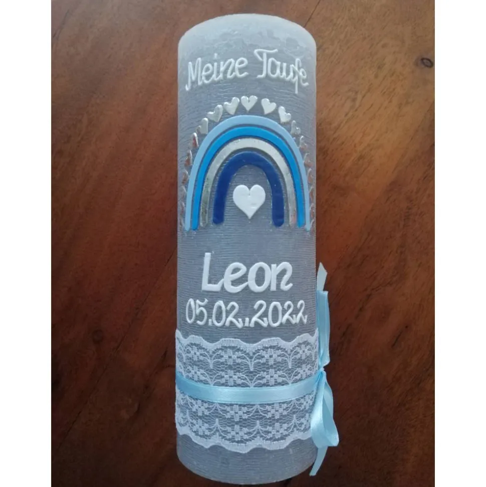 Rustika Vintage-Look Shabby Rustikal Taufkerze Regenbogen blau Jungen keine Folie Wachsbeschriftung