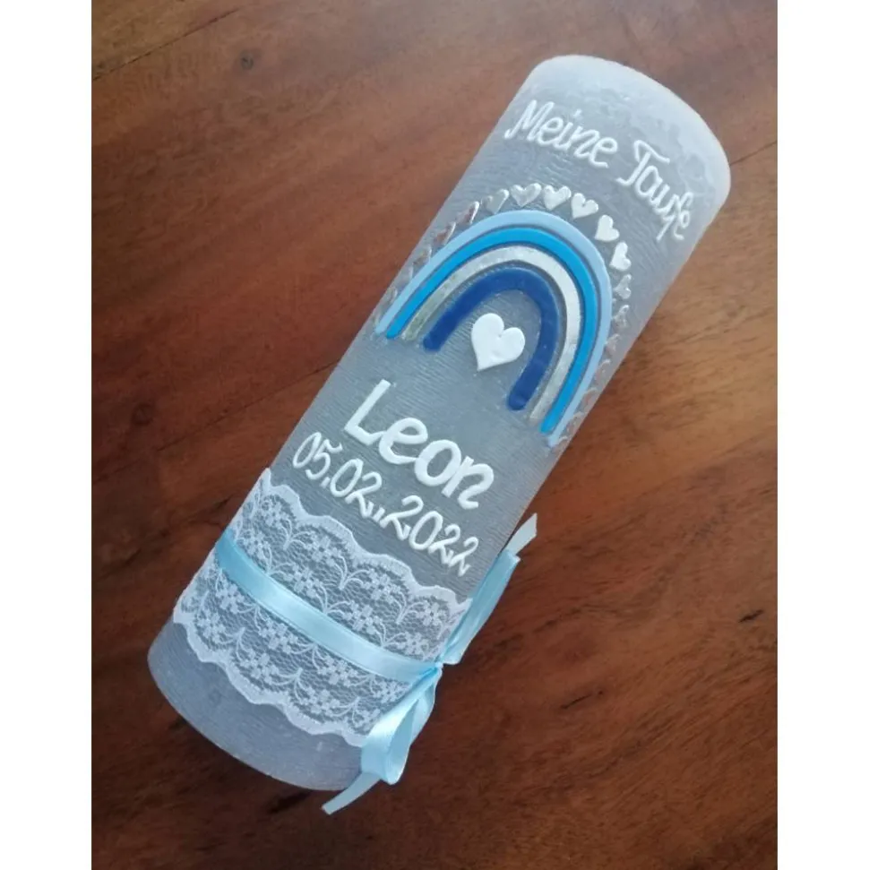 Rustika Vintage-Look Shabby Rustikal Taufkerze Regenbogen blau Jungen keine Folie Wachsbeschriftung