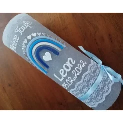 Rustika Vintage-Look Shabby Rustikal Taufkerze Regenbogen blau Jungen keine Folie Wachsbeschriftung