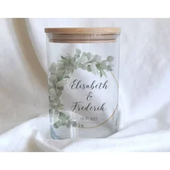 Sandzeremonie Glas mit Holzdeckel Hochzeitsbrauch Windlicht Design Eukalyptus links