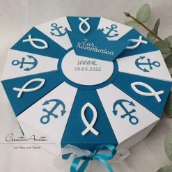 Schachteltorte Geldgeschenk Torte Taufe Kommunion Konfirmation in PETROL-WEISS