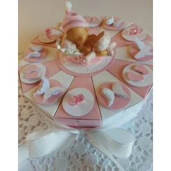 Schachteltorte/Geldgeschenk/Verpackung zur Geburt/Taufe/Baby Shower in rosa/weiß mit 23 cm Ø
