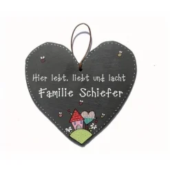 Schieferherz aus Naturschiefer handbemalt - Türschild Familie mit Name personalisiert - wetterfestes Schieferschild - einmaliges Geburtstagsgeschenk für Frauen & Männer