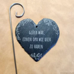 Schieferherz Grabschmuck mit Gravur, individueller Grabstecker mit Wunschtext, Gedenktafel mit Blumen-Motiv