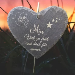 Schieferplatte Herz, Grabschmuck personalisiert, Gedenktafel, Bärchen mit Mond und Sterne