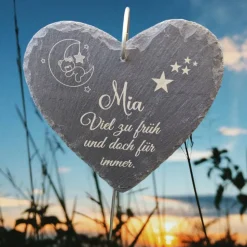 Schieferplatte Herz, Grabschmuck personalisiert, Gedenktafel, Bärchen mit Mond und Sterne