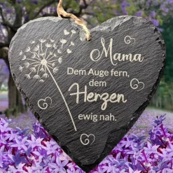 Schieferplatte Herz, Grabschmuck personalisiert, Gedenktafel, Bärchen mit Mond und Sterne, 10cm -25cm