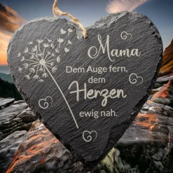 Schieferplatte Herz, Grabschmuck personalisiert, Gedenktafel, Bärchen mit Mond und Sterne, 10cm -25cm