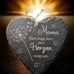 Schieferplatte Herz, Grabschmuck personalisiert, Gedenktafel, Bärchen mit Mond und Sterne, 10cm -25cm