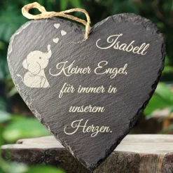 Schieferplatte Herz, Grabschmuck personalisiert, Gedenktafel, Bärchen mit Herz 10cm-25cm