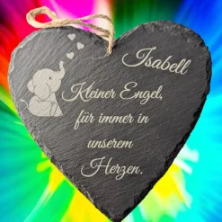 Schieferplatte Herz, Grabschmuck personalisiert, Gedenktafel, Bärchen mit Herz 10cm-25cm