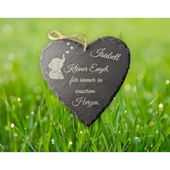 Schieferplatte Herz, Grabschmuck personalisiert, Gedenktafel, Bärchen mit Herz 10cm-25cm