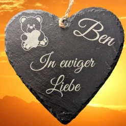 Schieferplatte Herz, Grabschmuck personalisiert, Gedenktafel, Bärchen mit Herz