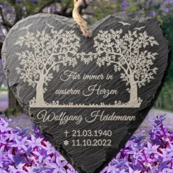 Schieferplatte Herz, Grabschmuck personalisiert, Gedenktafel, Baum, 10cm - 25cm