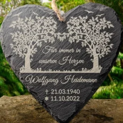 Schieferplatte Herz, Grabschmuck personalisiert, Gedenktafel, Baum, 10cm - 25cm