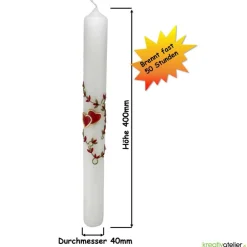 Schlanke Hochzeitskerze mit goldumrahmten roten Herzen und Blattranke, personalisierbar, ideale Hochzeitsdeko