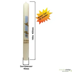 schlanke weiße Taufkerze für Jungen mit Taube, Fischen und Wellen in gold, personalisierbar mit Namen und Datum