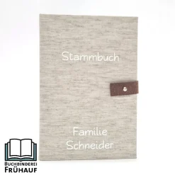 Schlichtes, elegantes Stammbuch Standardformat personalisiert mit Verschluss – Handgefertigt aus Rohleinen