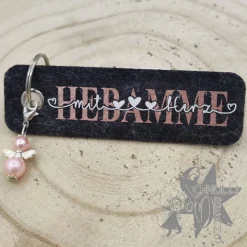 Schlüsselanhänger aus Filz Hebamme mit Herz und Schutzengel rosa