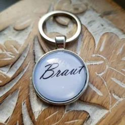 Schlüsselsanhänger Braut Hochzeit schwarz weiß Cabochon silberfarbe Fassung 25mm Gastgeschenk