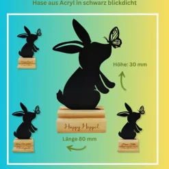 Schmetterlingshasen aus Acryl mit Lasergravur und Holzklötzchen, Osterhasen im Kranz oder Metallring als Türdekoration