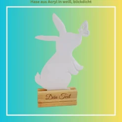 Schmetterlingshasen aus Acryl mit Lasergravur und Holzklötzchen, Osterhasen im Kranz oder Metallring als Türdekoration
