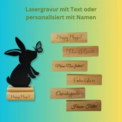 Schmetterlingshasen aus Acryl mit Lasergravur und Holzklötzchen, Osterhasen im Kranz oder Metallring als Türdekoration