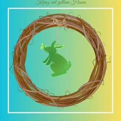 Schmetterlingshasen aus Acryl mit Lasergravur und Holzklötzchen, Osterhasen im Kranz oder Metallring als Türdekoration