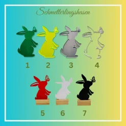Schmetterlingshasen aus Acryl mit Lasergravur und Holzklötzchen, Osterhasen im Kranz oder Metallring als Türdekoration