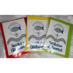 Schöne gestickte Karten Glückwunschkarten zur Taufe, Kommunion, Fisch 3er Set