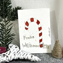 Schöne Weihnachtskarte mit Candycane - Frohe Weihnachten - handgemalte Karte (A6) mit hochwertigen Aquarellfarben