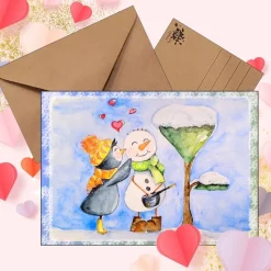 Schneemannliebe & Pinguin Postkarte – Aquarell Kunst für Valentinstag, Winter & Jahrestag
