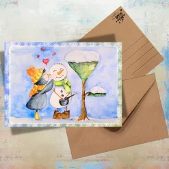 Schneemannliebe & Pinguin Postkarte – Aquarell Kunst für Valentinstag, Winter & Jahrestag