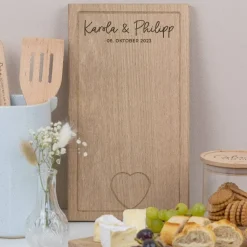 Schneidebrett personalisiert aus Eichenholz als Geschenk zur Hochzeit, Holzbrett Hochzeitsdatum, Vesperplatte Holz