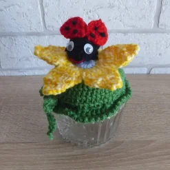 Schönes Glas mit Schraubverschluss, gehäkelter Blume und Marienkäfer
