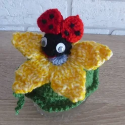 Schönes Glas mit Schraubverschluss, gehäkelter Blume und Marienkäfer