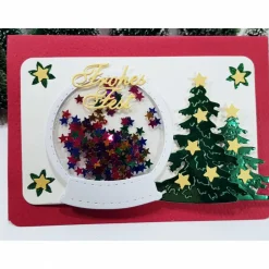 Schüttelkarte Schnee-Kugel Weihnachts-Karte bunte Sterne rot