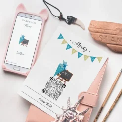 Schulanfang Geldgeschenk | Digitales Sparbuch | QrCode Postkarte DIN A6 inkl. Briefumschlag und Anhänger | Schultüte
