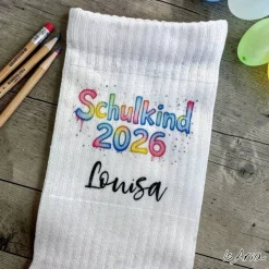 Schulkind 2026 Socken, Wasserfarben Stil, Tennissocken, Personalisierbar, Strümpfe, Geschenkidee Einschulung