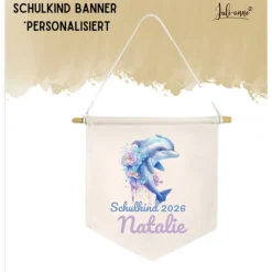 Schulkind Deko Leinwandbanner personalisiert - Aqua Delfin 3