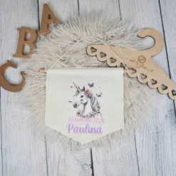 Schulkind Deko Leinwandbanner personalisiert - Einhorn Weiss