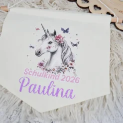 Schulkind Deko Leinwandbanner personalisiert - Einhorn Weiss
