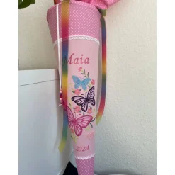 Schultüte aus Stoff bestickt mit Schmetterlingen, Namen und Datum 70cm Rohling