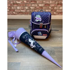 Schultüte aus Stoff bestickt Einhorn mit Ranke, Namen und Datum 70cm Rohling